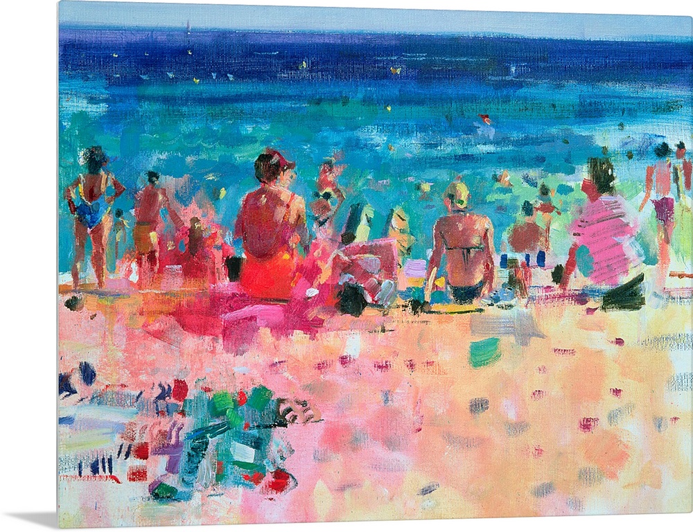 Large wall art of a crowded beach with people tanning on the sand as well as people swimming in the water.