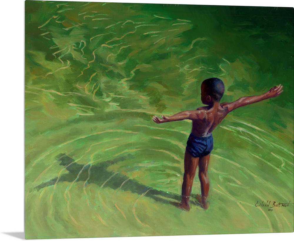 Contemporary painting of a young boy in shallow water looking at his shadow.