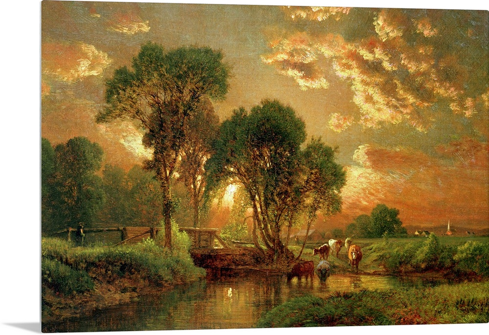 Landscape, classic art painting of cows drinking from a river at sunset, surrounded by trees, beneath a sky of billowing c...