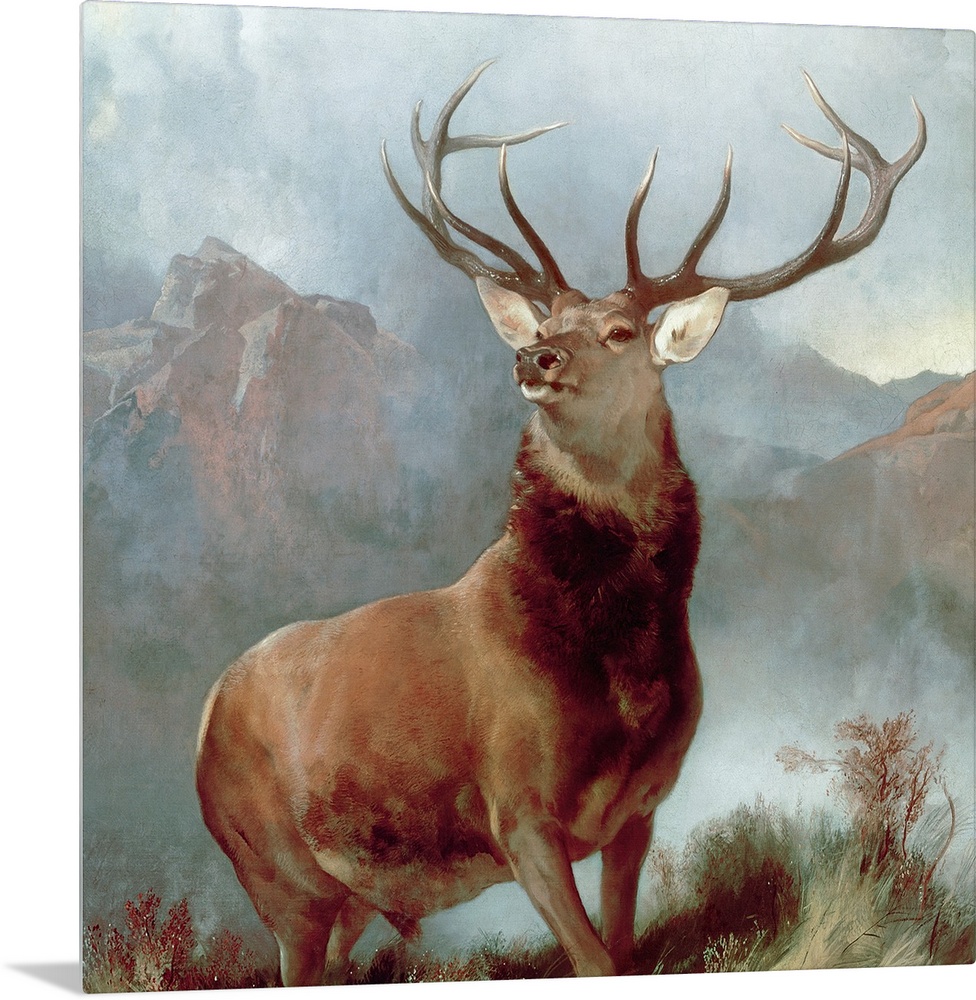 A square, landscape painting of a majestic stag posing in the mountains.