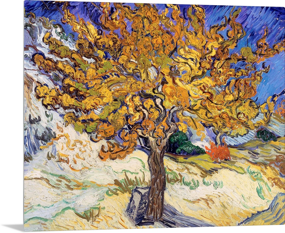 Writhing brush strokes depict the leaves and tree branches in this lively Impressionist landscape.