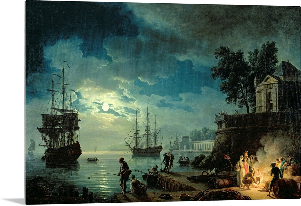 Oil painting of ships coming into a port at night with the ocean illuminated in moon light and people burning a fire on th...