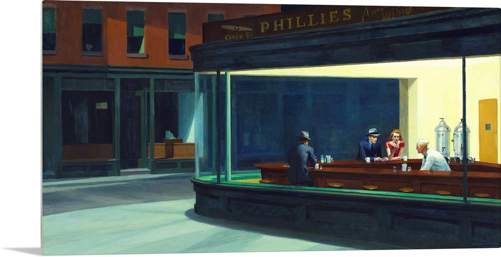 Painting of a view from outside of two men and a woman sitting inside at a diner bar drinking coffee on a New York street ...