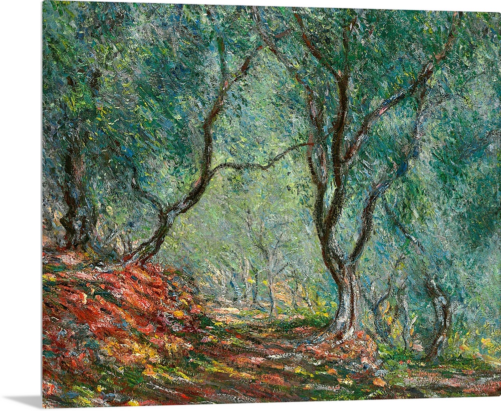 Giant classic art depicts a colorful path traveling down a forest littered with trees as far as the eye can see.