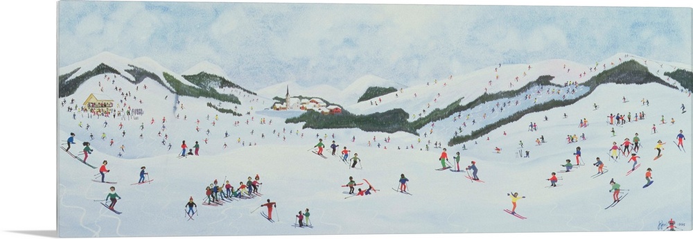 Contemporary painting of people enjoying  the snow in a hilly landscape.