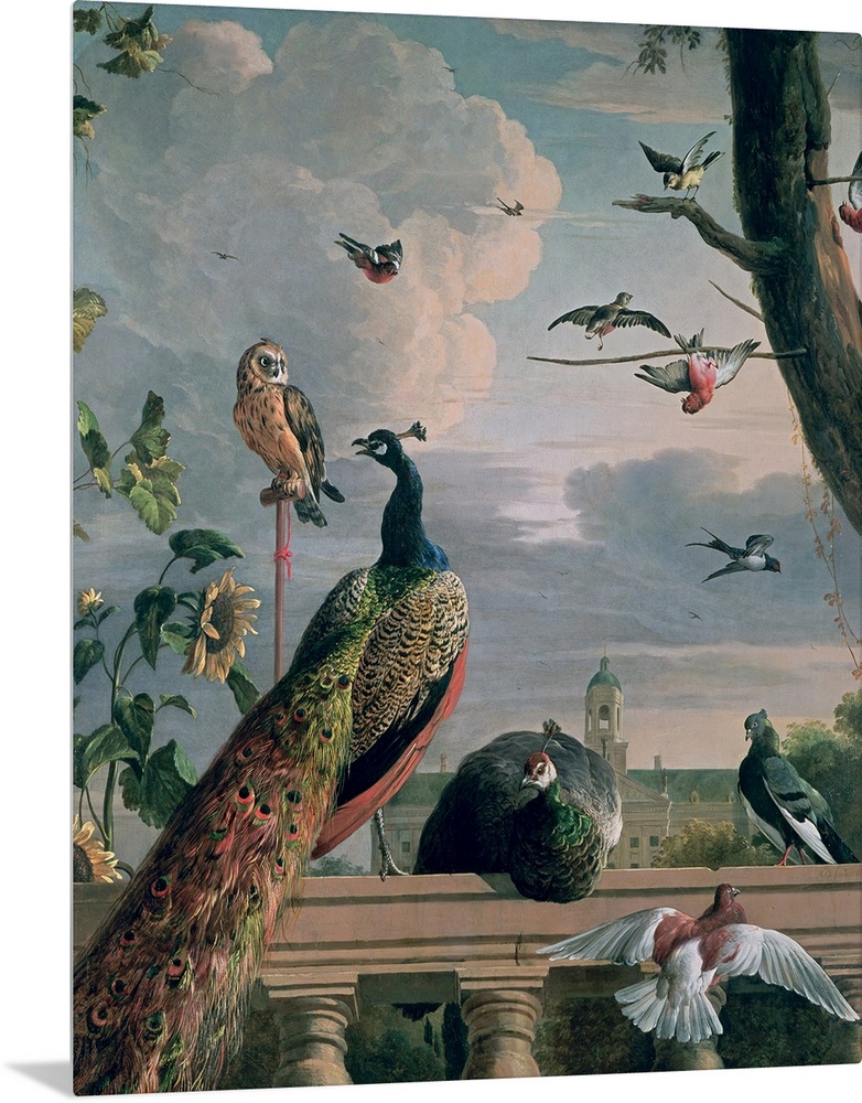 This is a vertical painting of a 17th century outdoor menagerie of birds gathering on a porch railing and in a near by tree.
