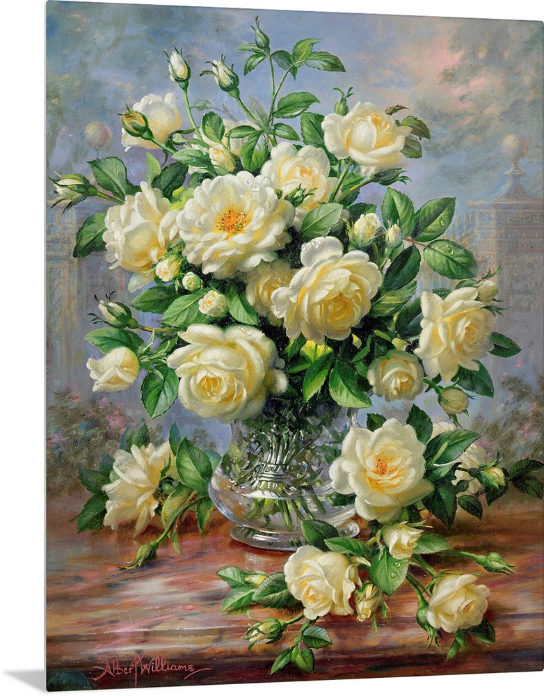 Large floral art portrays an arrangement of flowers as they sit within and around a glass container that stands on a woode...