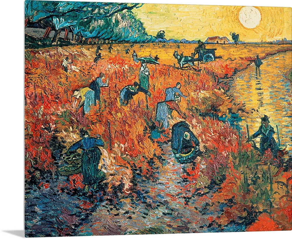 Impressionist painting of farm workers harvesting grapes in the late afternoon