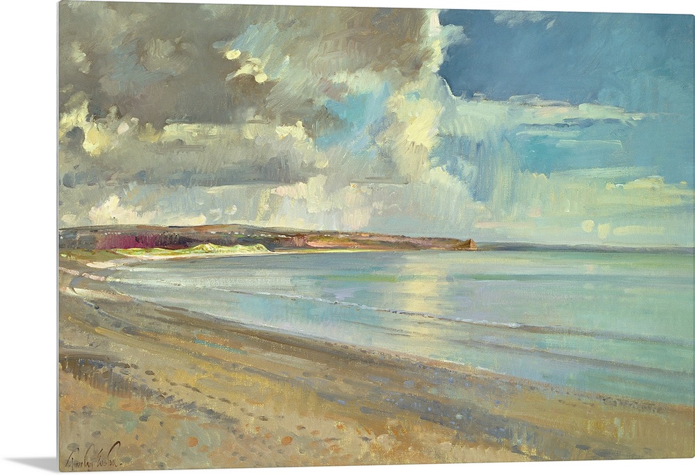 A contemporary, realistic landscape painting of a sandy beach on a partially cloud day.