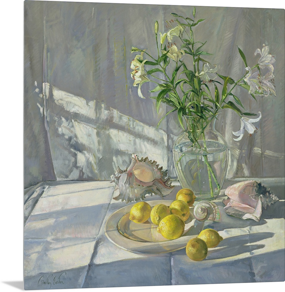 Square oil painting of flowers in a vase with sea shells scattered around and lemons on a plate.