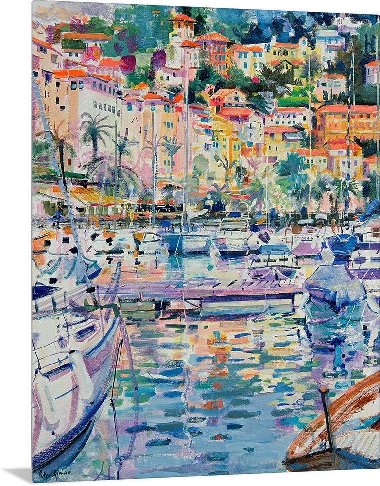 Colorful contemporary oil painting of a Mediterranean harbor filled with sailboats with city in the distance.