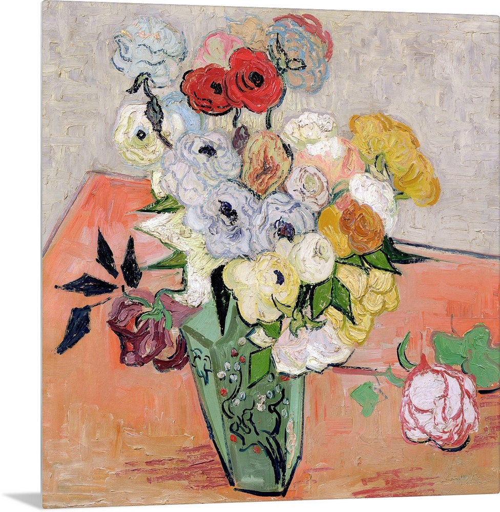 Big classic art depicts an arrangement of flowers within a decorated vase sitting on a table.