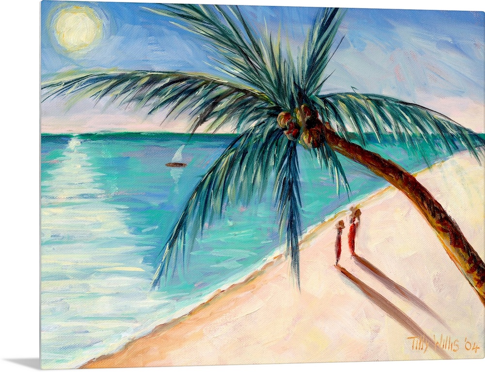 Contemporary painting of a tropical beach scene with figures and sail boat watching the sun setting.