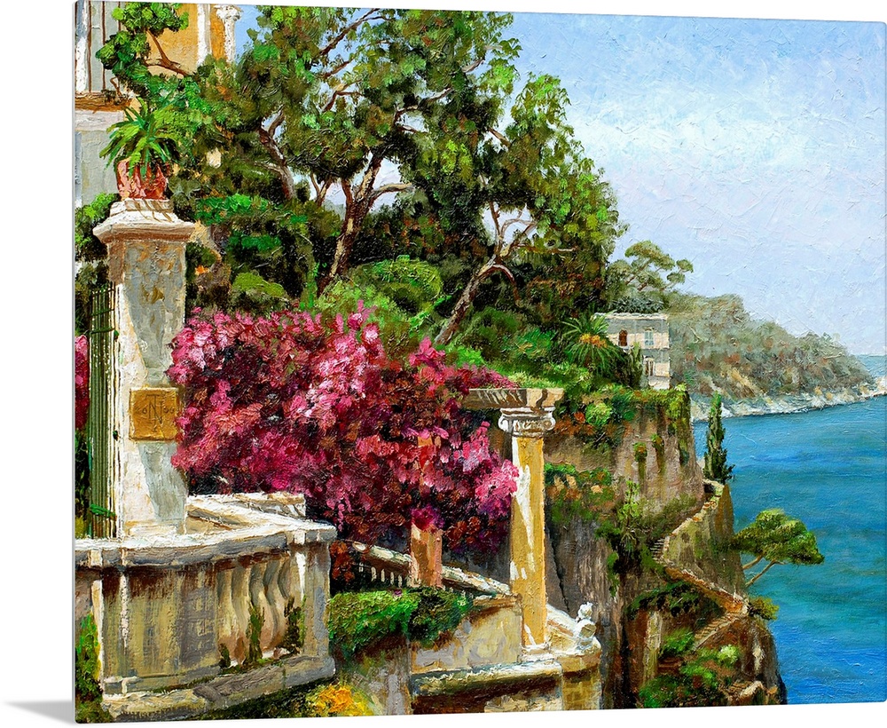 This horizontal wall art is a landscape painting with attention to light and details in this timeless Mediterranean costal...