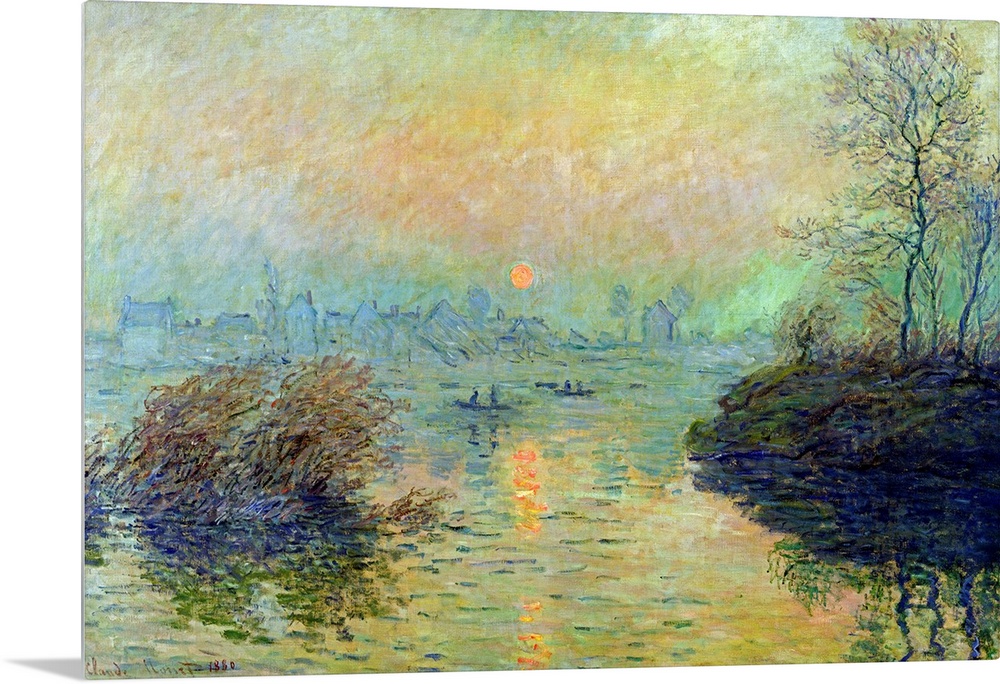 Landscape painting from an Impressionist masterof boats paddling in a river as the sun sets.