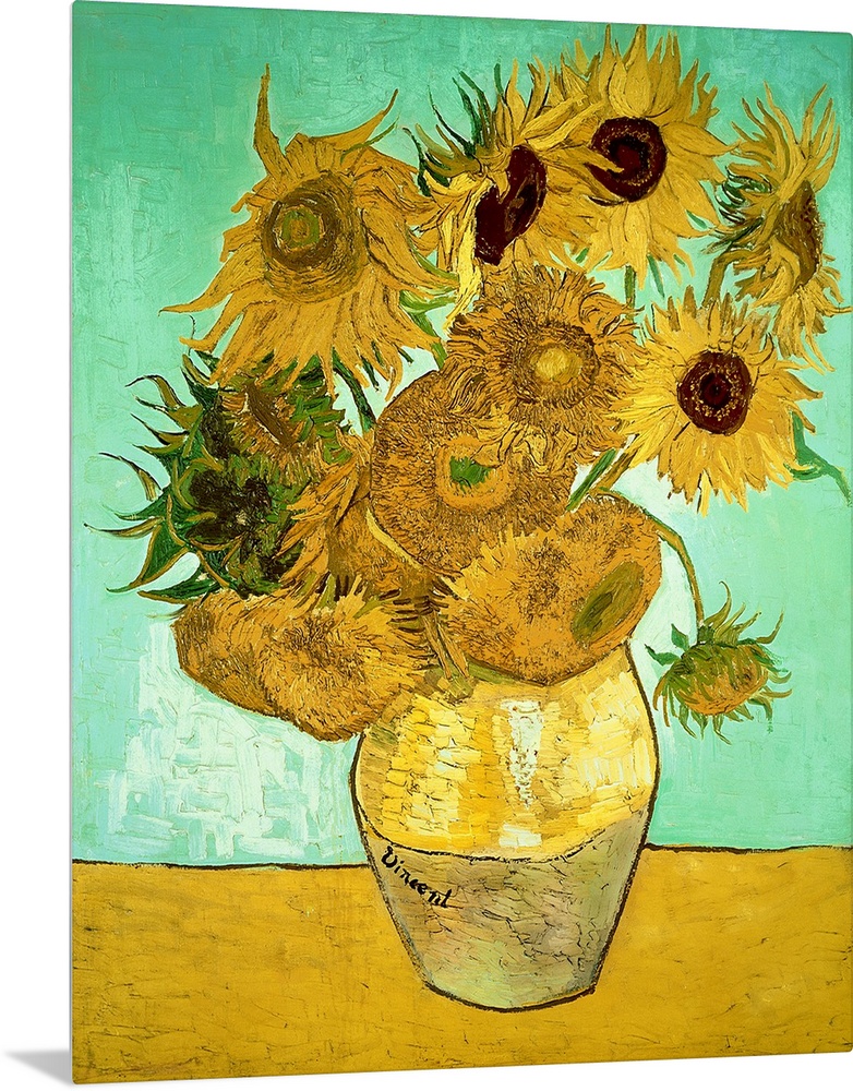 Classic oil painting of warm colored sunflowers in a vase with a cool toned background.