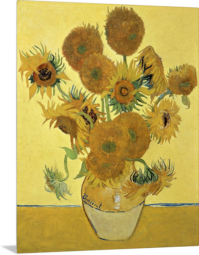 Vincent Van Gogh's famous oil on canvas painting of sunflowers in a vase in warm tones.