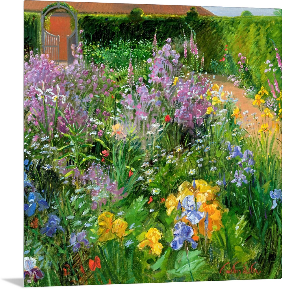 Square painting of different types and colors of flowers planted in a garden.