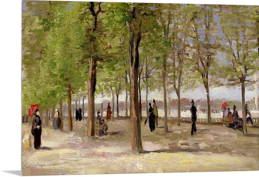 Muted antique painting of people strolling through a wooded park.  Some people are carrying umbrellas and some are sitting...