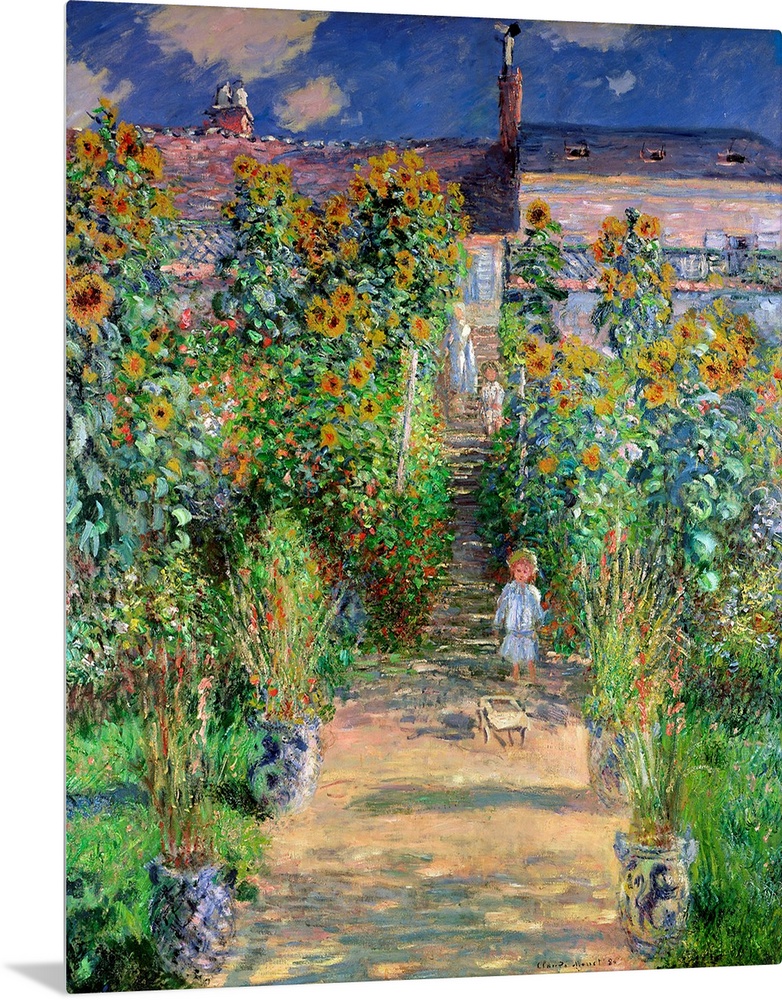 Classical oil painting of child wondering down dirt pathway lined with sunflowers and tall grass under a cloudy sky.