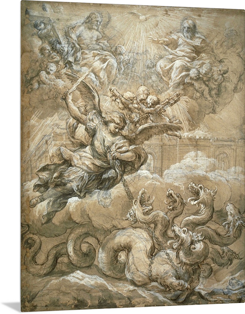 The Holy Trinity with Saint Michael Conquering the Dragon, 1666, pen and ink, brush and wash, lead white and chalk on paper.