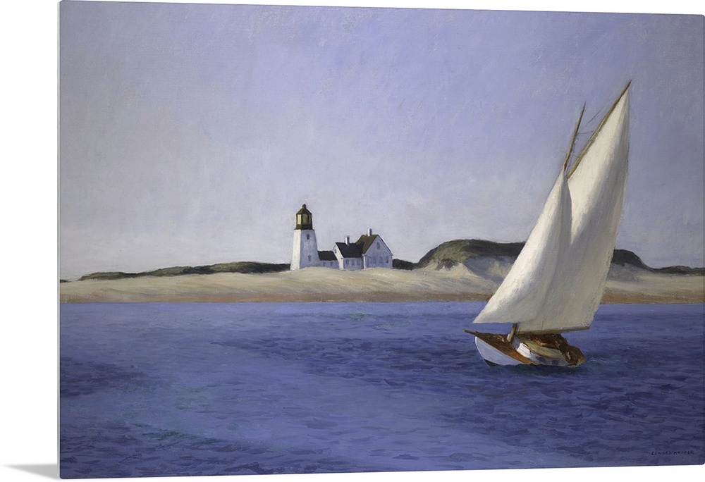 Classic art painting of a sailboat moving gracefully across the water on the New England shore with cool tones and sense o...