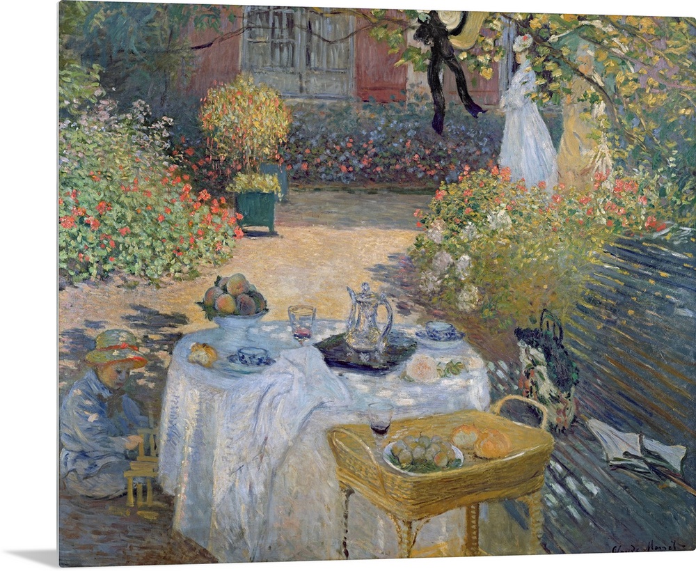 Big classic art showcases a couple of women and a child enjoying an afternoon snack within a courtyard on a sunny day.  Ar...