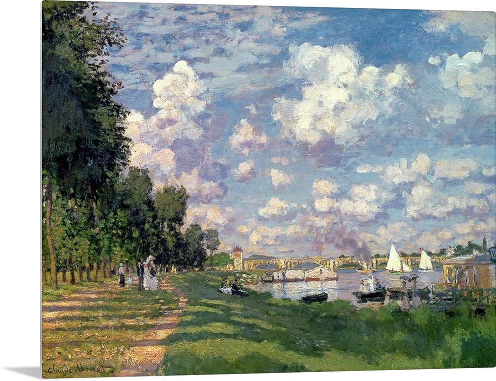 This wall art is a landscape painting of a river scene by an Impressionist master showing a road lined with trees and a ri...