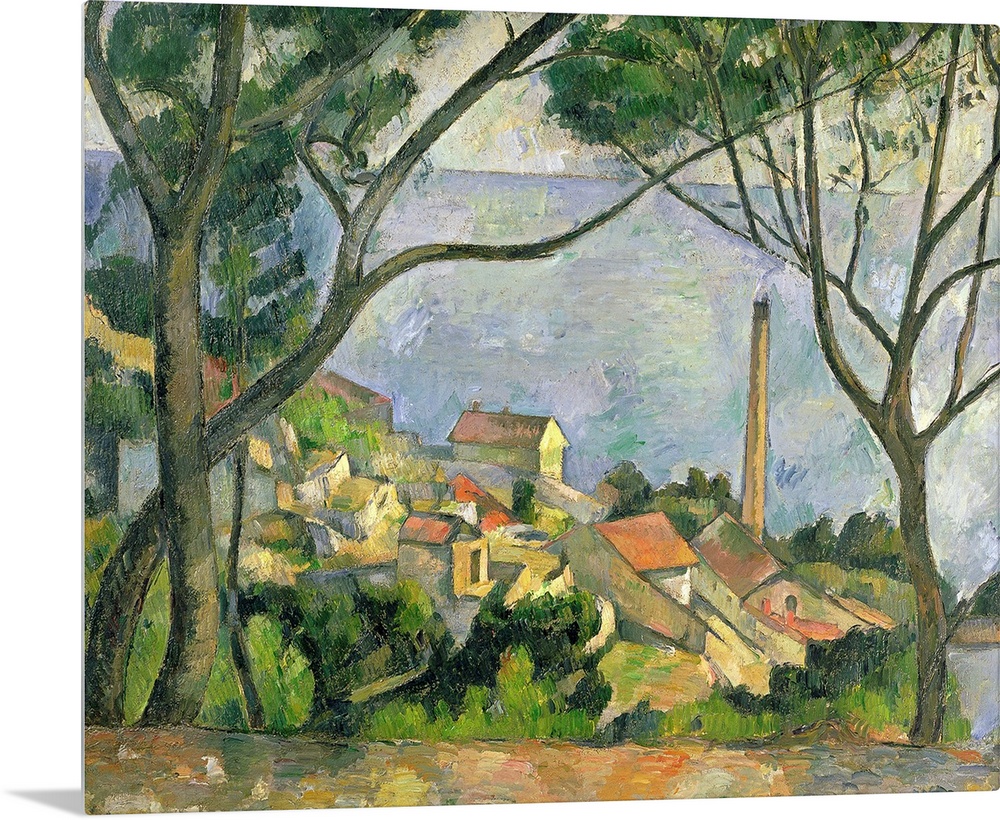 Painting by Paul Cezanne of a picturesque seaside town with two trees in the foreground on a hill overlooking the town.