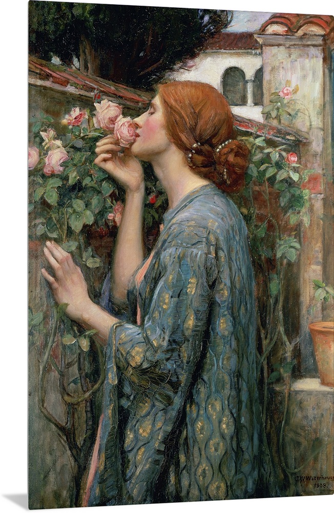 A Pre-Raphaelite painting from the early 20th century of a red haired woman in an embroidered robe inhaling the fragrance ...