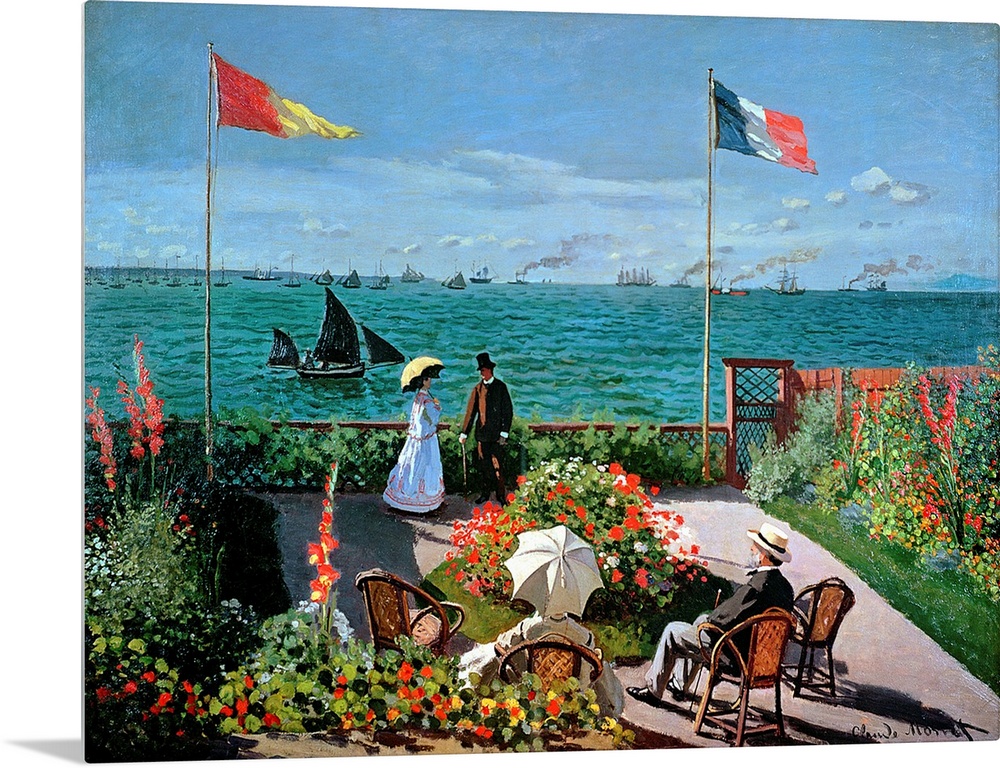 This Impressionist painting shows a man and woman speaking together in a garden where behind them the sea has been painted...