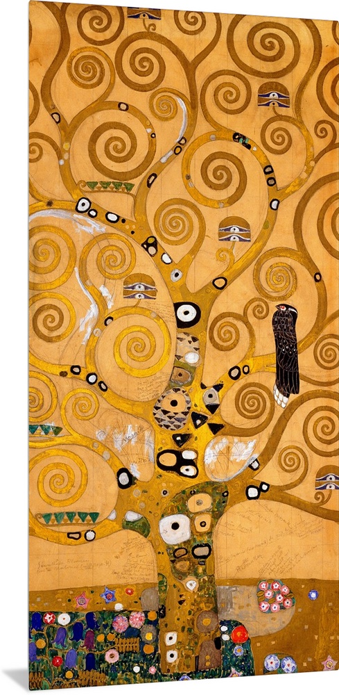 Modern painting of a large, golden tree with all its branches in spiral shapes, and patchwork-like patterns on the trunk.