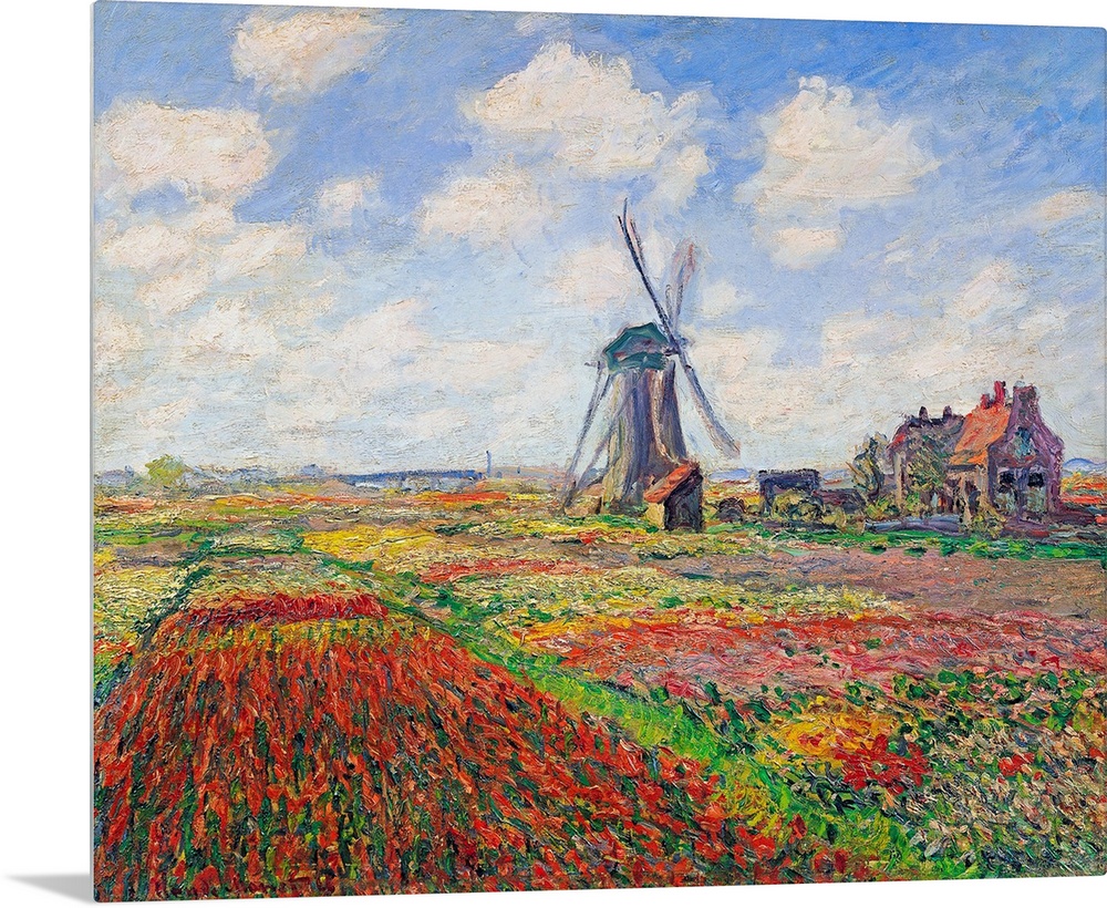 Oil painting of a windmill in a field of bright flowers under a sky with puffy clouds.