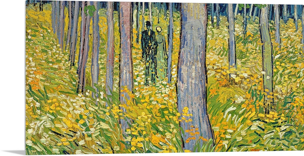 Panoramic painting of couple walking through forest with overgrown brush and rows of trees.