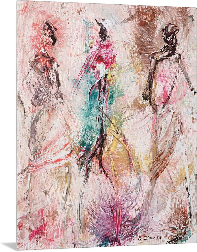 A vertical painting of gestural figures made with fast and simple brush strokes.
