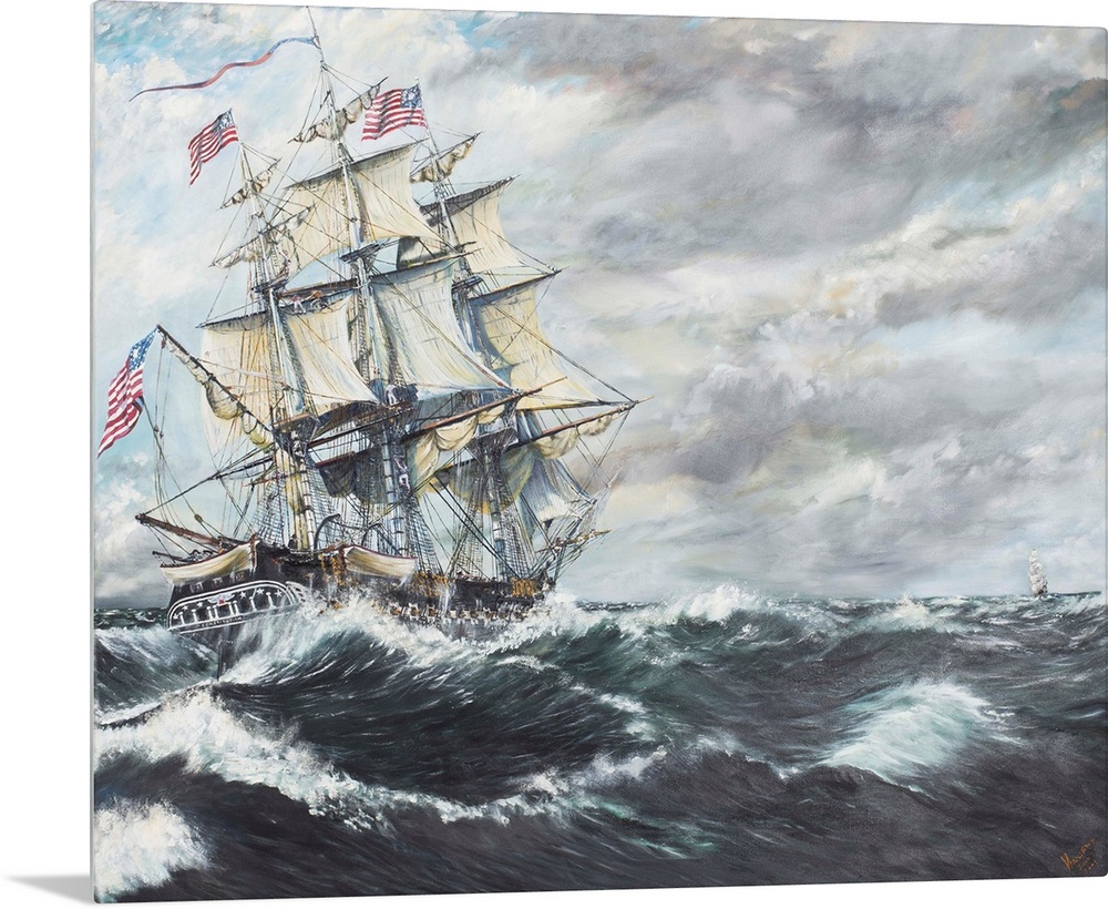 Contemporary painting of a ship riding the high seas during a rough storm.