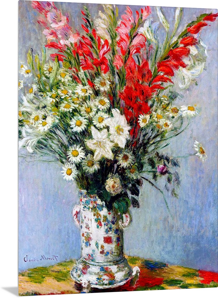 Painting of a vase holding various muticolored flowers on a multicolored table by Claude Monet.