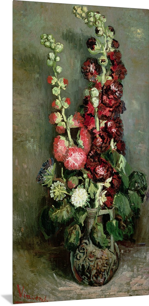 Classic vertical floral art of a tall vase of Hollyhock flowers in bloom.