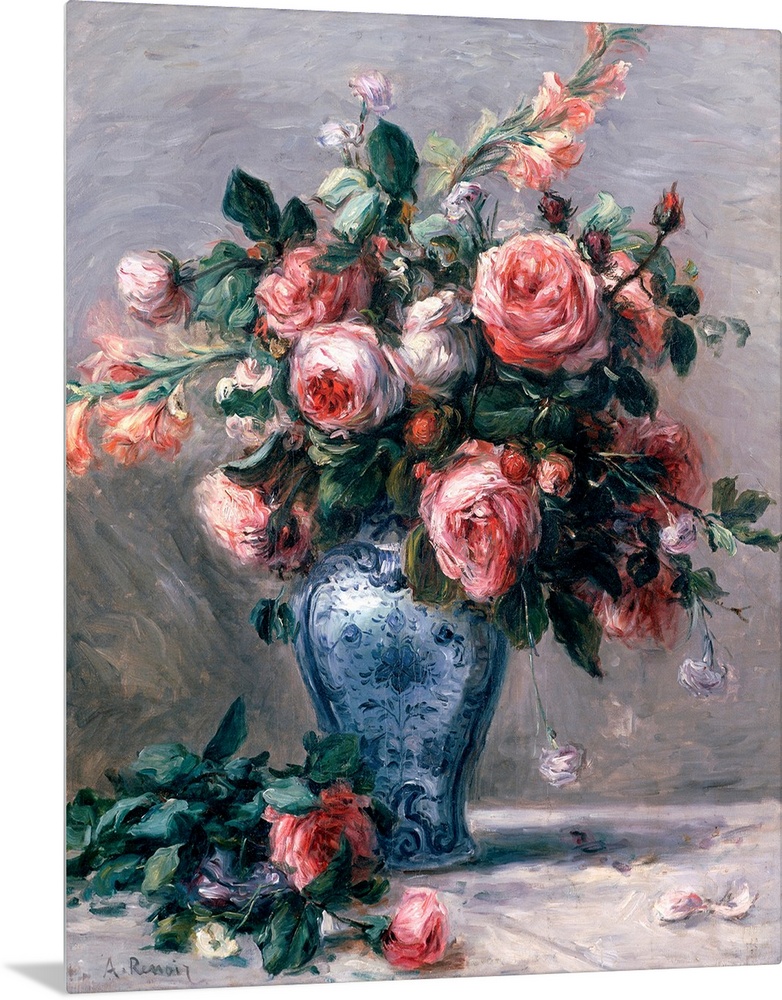 Big classic art depicts an arrangement of flowers within a decorated container sitting on the ground with a few flowers ne...