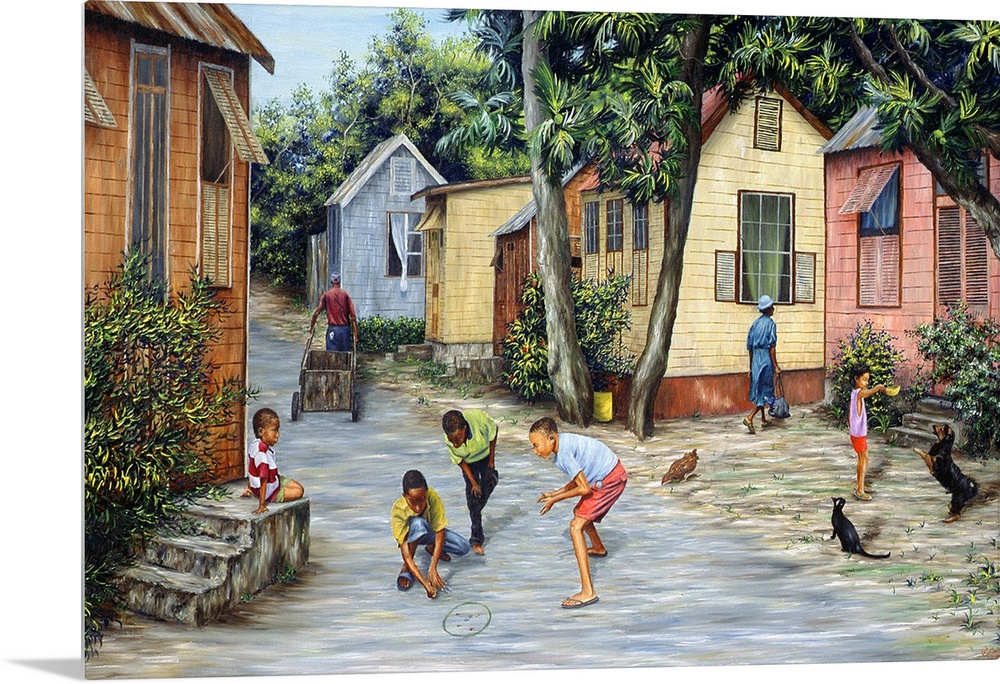 Big contemporary art shows a daily life scene of children in Barbados playing jacks and feeding a dog and cat.  In the bac...