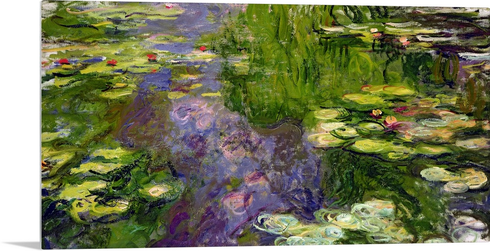 Large classic oil on canvas painting of water lilies.  The texture of the brush strokes give this piece added depth.