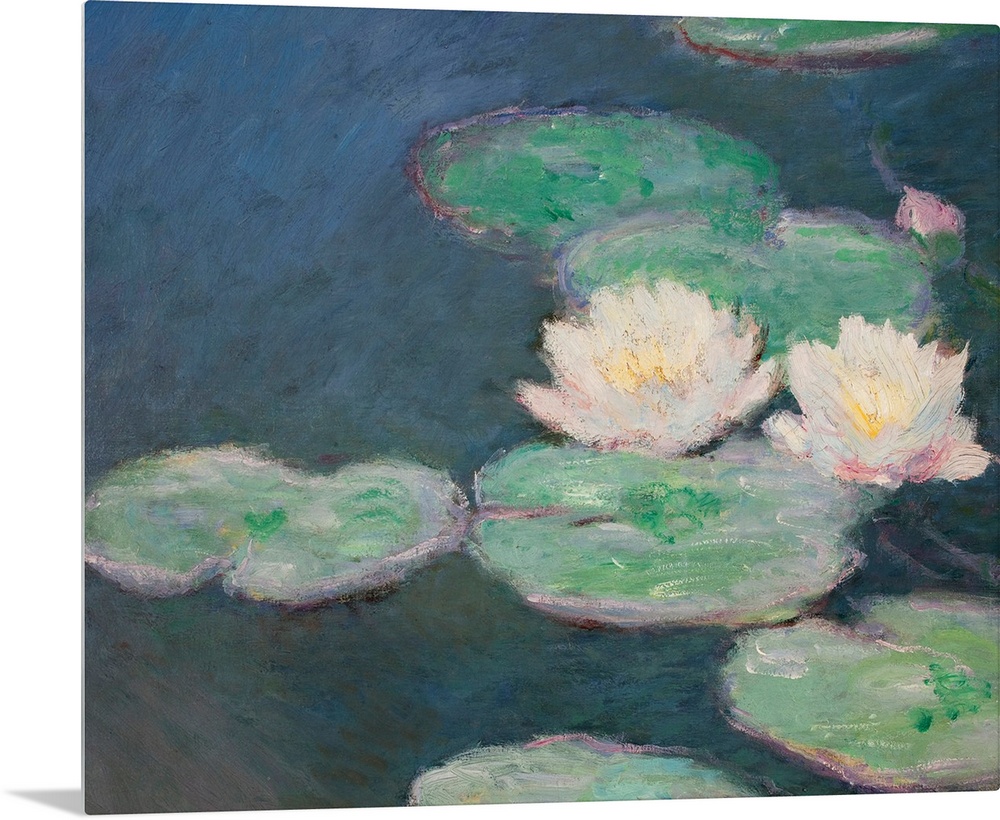 Huge classic art focuses on a group of lily pads sitting on a quiet body of water.