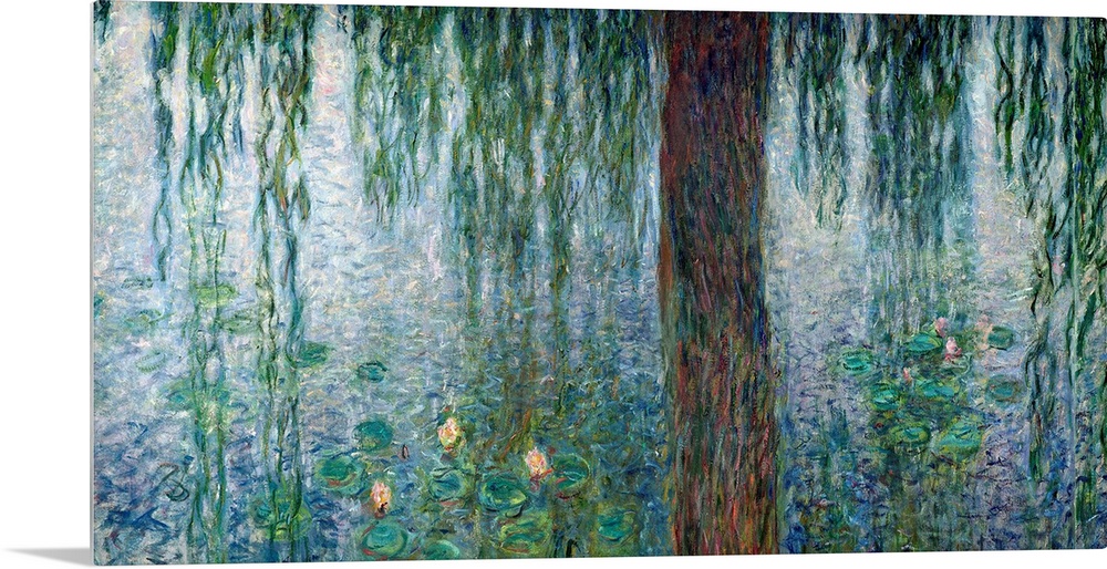 Detail of an Impressionist painting of willow branches dipping into water covered with lily pads.