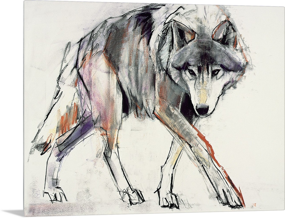 A sketchy, gestural drawing of a wolf on horizontal wall art.