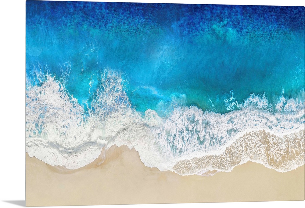 One artwork in a series of aerial shots of a beach as blue waves break upon the shore.