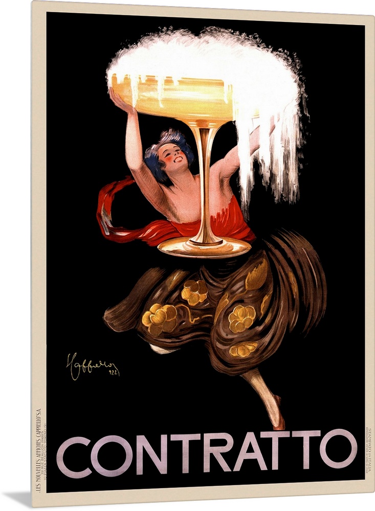 Vintage advertisement poster with a woman holding a giant glass of champagne.