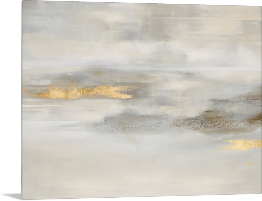 Contemporary abstract artwork in muted beige and white tones with gold colored brush accents.