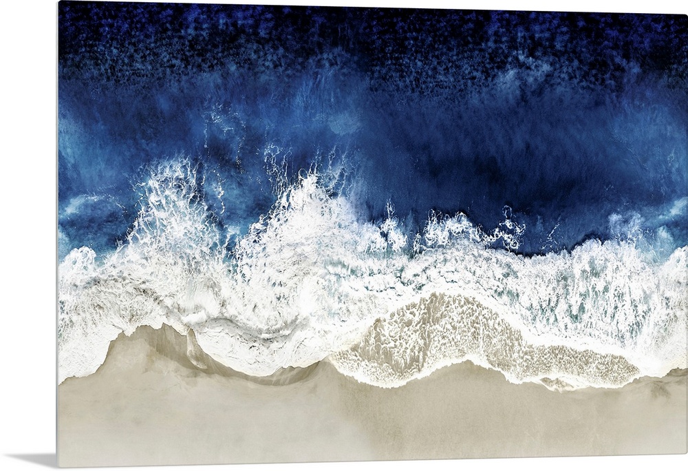 One artwork in a series of aerial shots of a beach as dark blue waves break upon the shore.