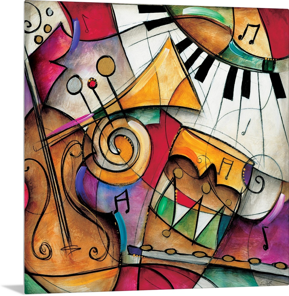 Jazz it Up I by Eric Waugh.  A square abstract painting of varies instruments played in jazz music.