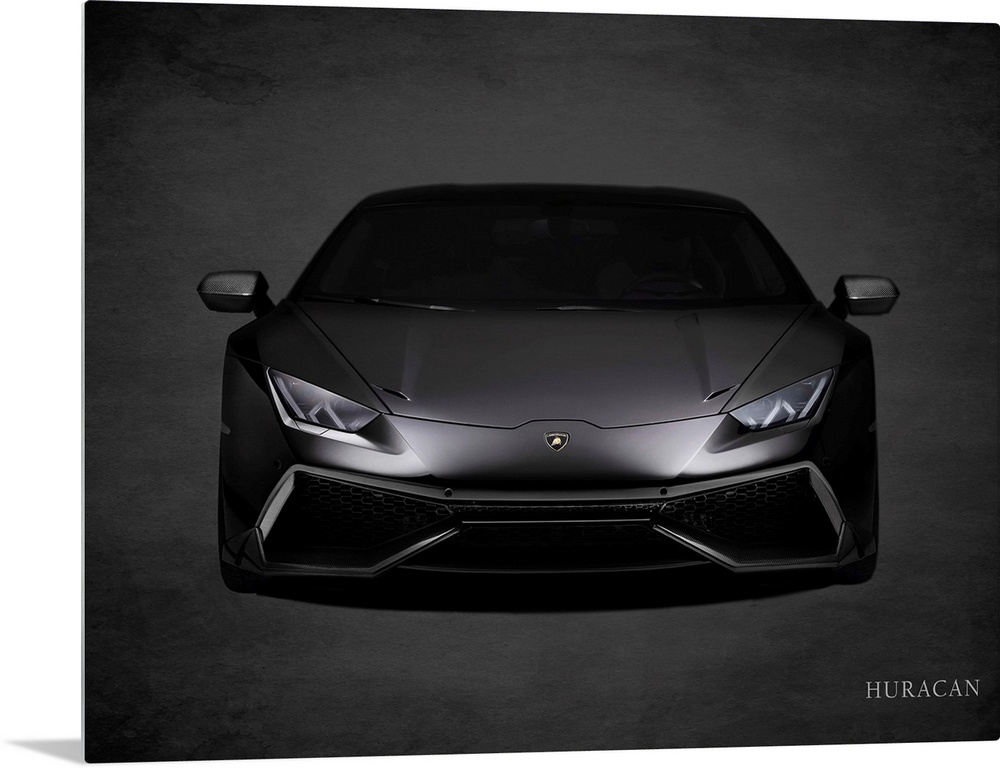 Photograph of a black Lamborghini Huracan printed on a black background with a dark vignette.